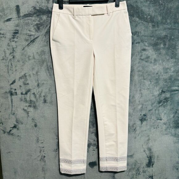 WHBM The Straight Crop Ankle Pant Women's Sz 00 Cream Embroidered Hem - Picture 2 of 9